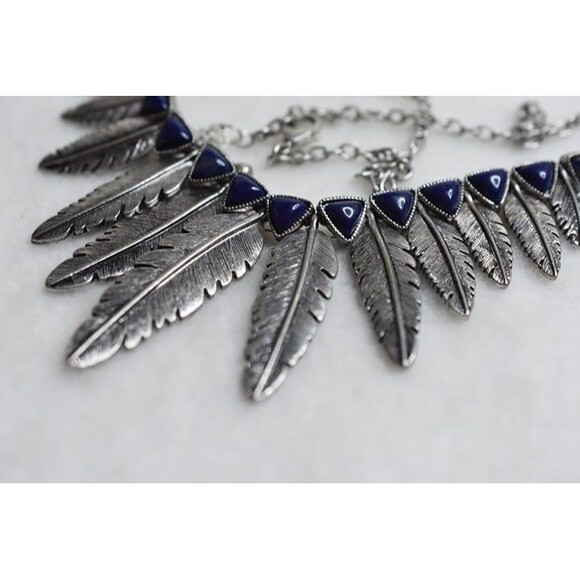 Native American Vintage Nickle Silver 18 Inch Engraved Leaf Blue Stone Necklace - Picture 4 of 4